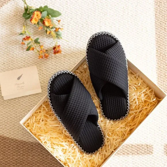 ⚡Women Boho Waffle Black Cotton Memory Foam Bedroom Corduroy Open Toe Shoes - Picture 3 of 6